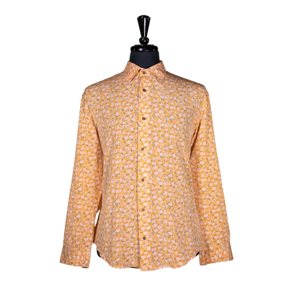 Mens Shirt Button Up Orange Floral Dress Casual Summer Hawaiian Beach Large